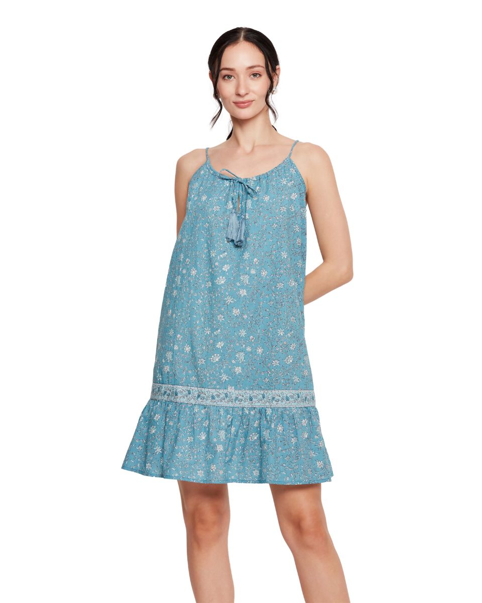 Floral Turquoise Flared Mini Dress for Women