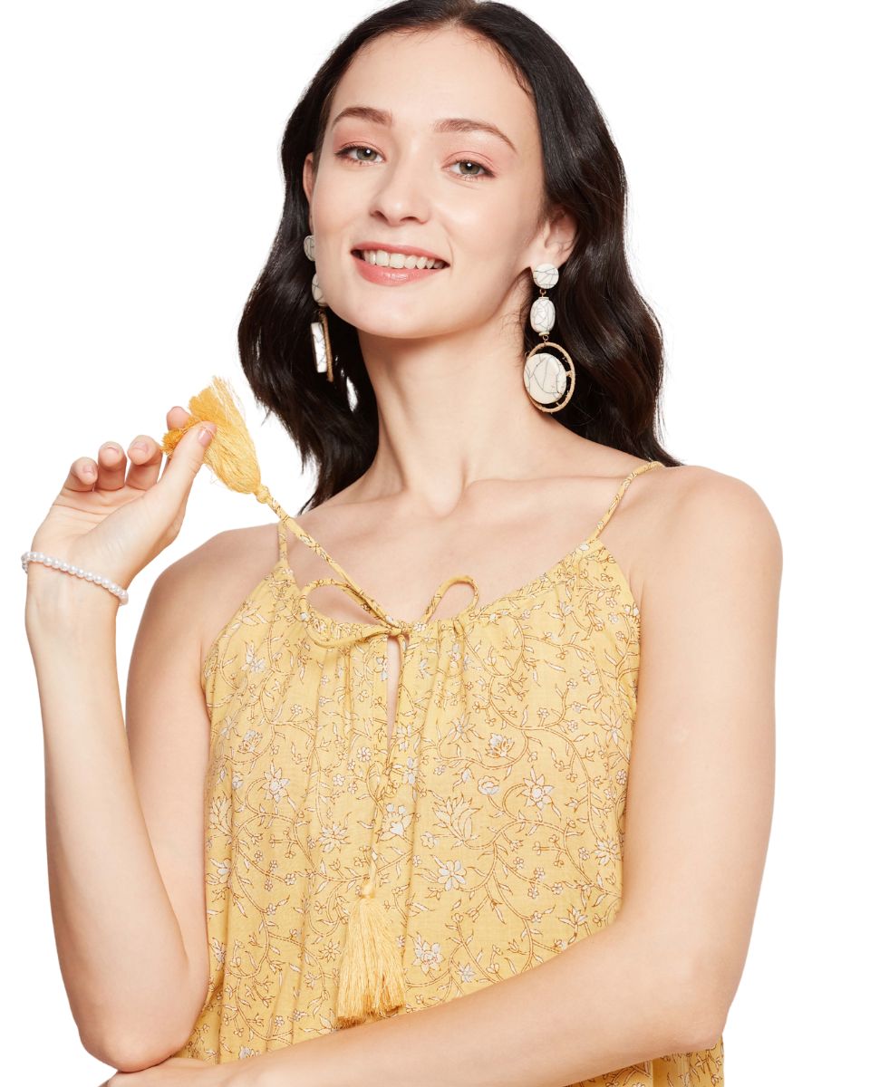 Floral Printed Yellow Spaghetti Strap Beach Dress For Women