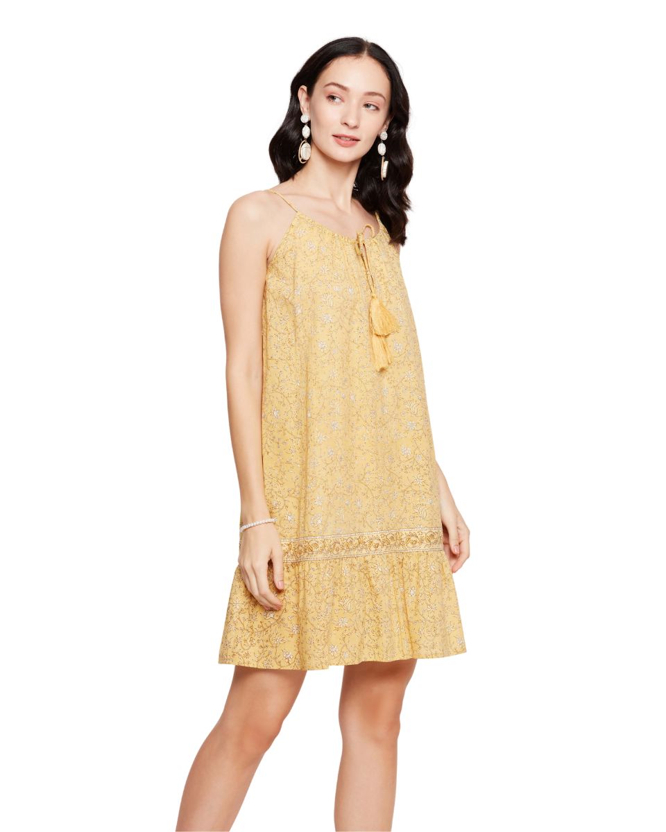 Floral Printed Yellow Spaghetti Strap Beach Dress For Women