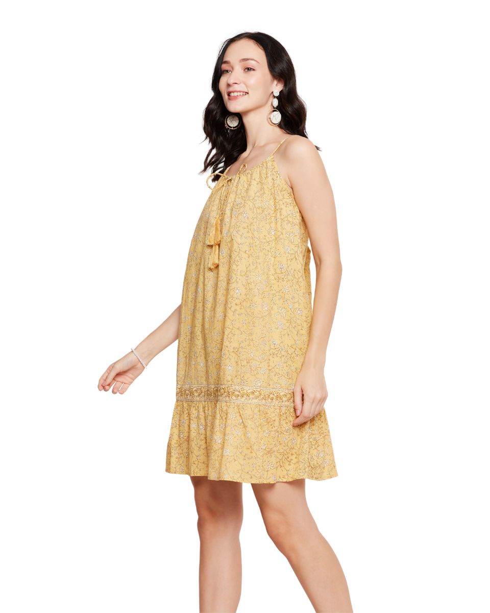 Floral Printed Yellow Spaghetti Strap Beach Dress For Women