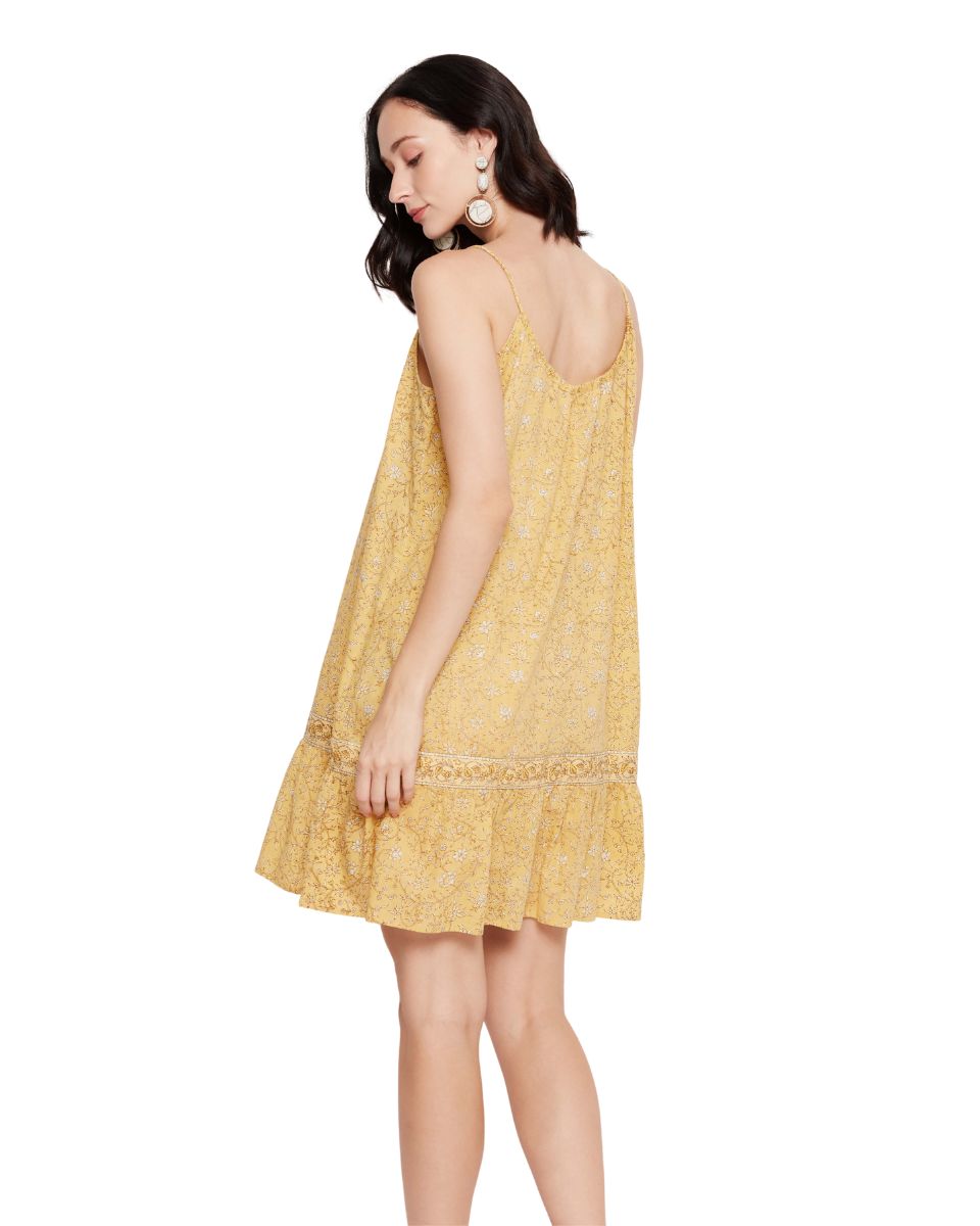 Floral Printed Yellow Spaghetti Strap Beach Dress For Women