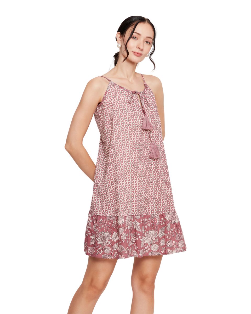 Floral Printed Rust Women Cotton Mini Dress