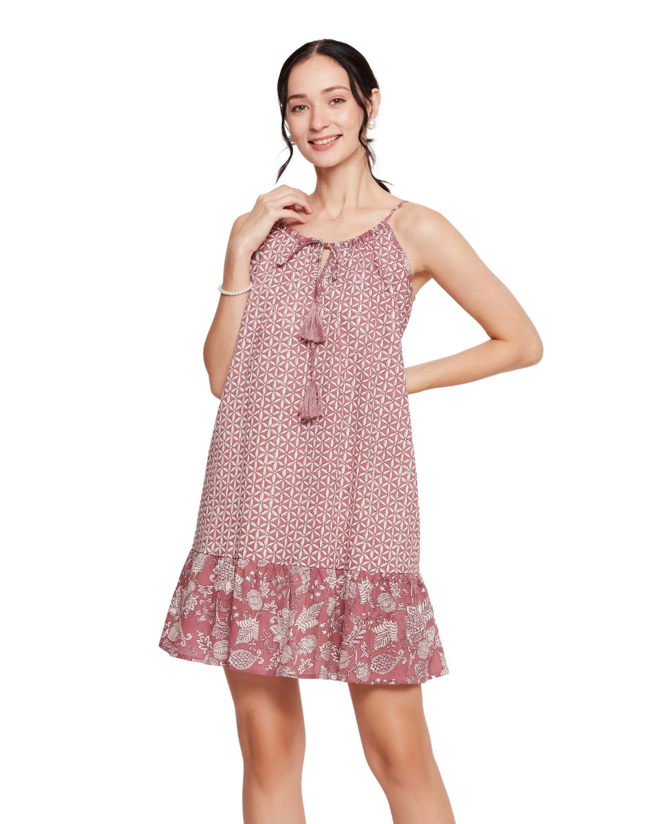 Floral Printed Rust Women Cotton Mini Dress