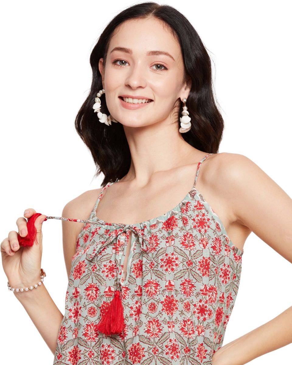 Floral Printed Pista Green Camisole Strap Women Mini Dress