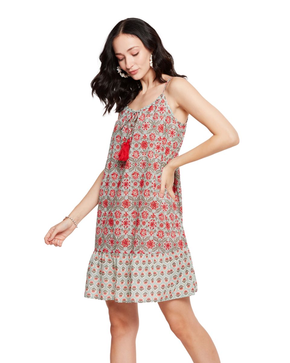 Cotton Floral Printed Pista Green Camisole Strap Women Mini Dress