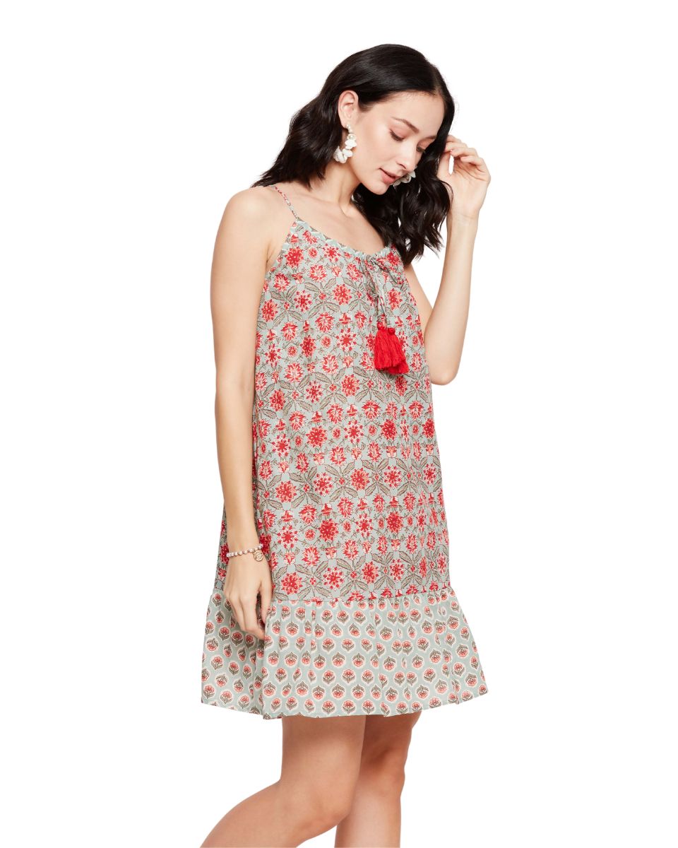 Cotton Floral Printed Pista Green Camisole Strap Women Mini Dress