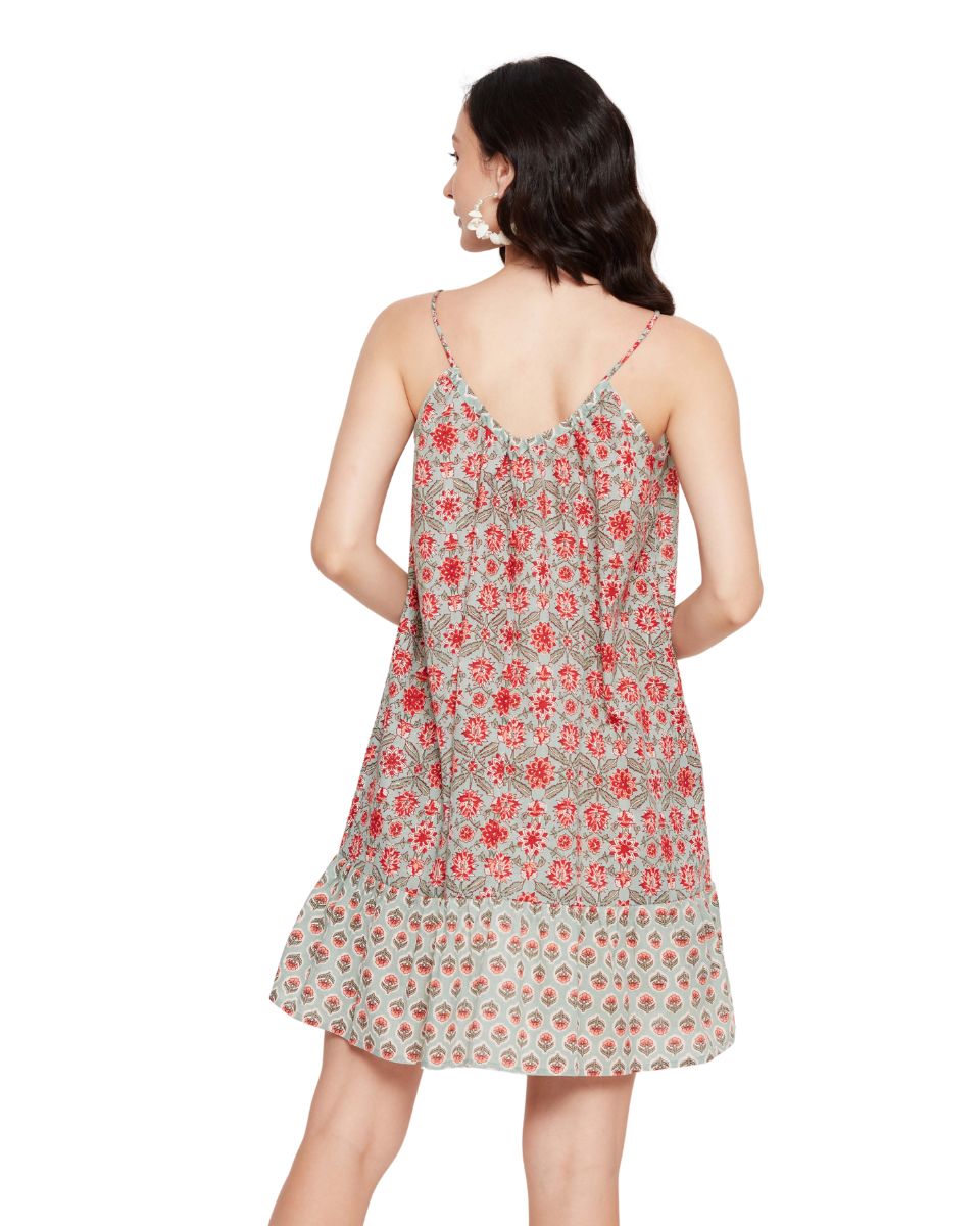 Floral Printed Pista Green Camisole Strap Women Mini Dress