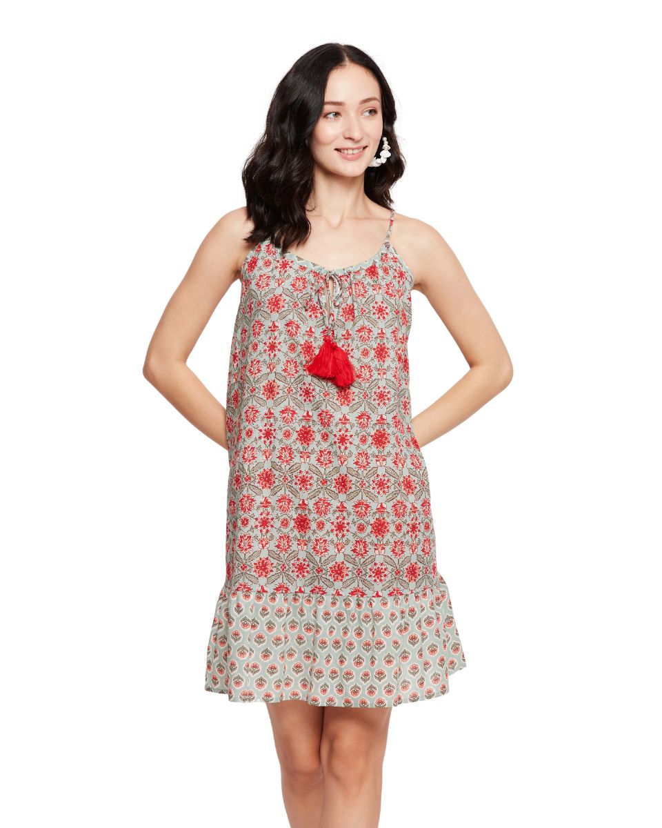 Floral Printed Pista Green Camisole Strap Women Mini Dress