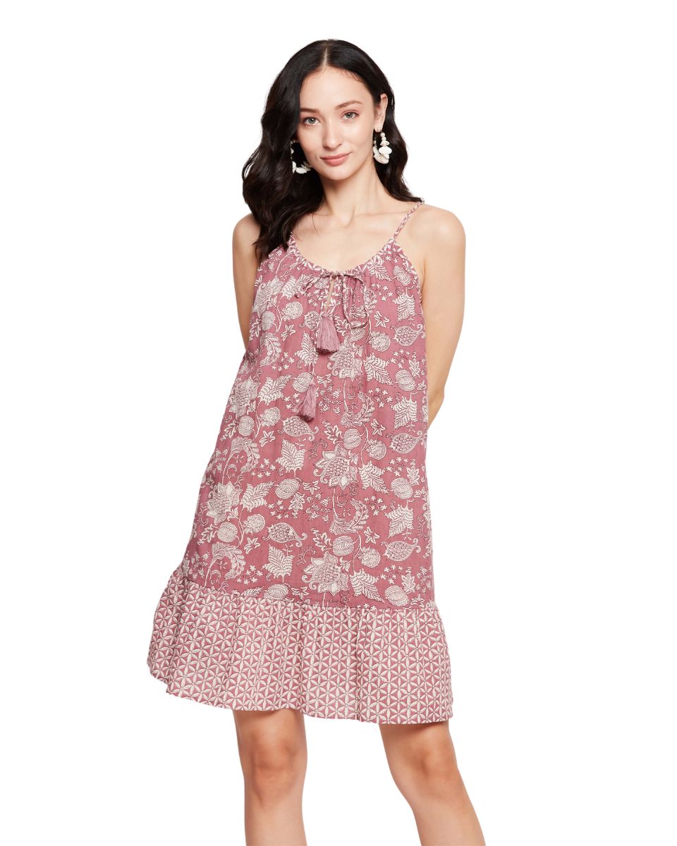 Cotton Rust Women Floral Knee Length Dress
