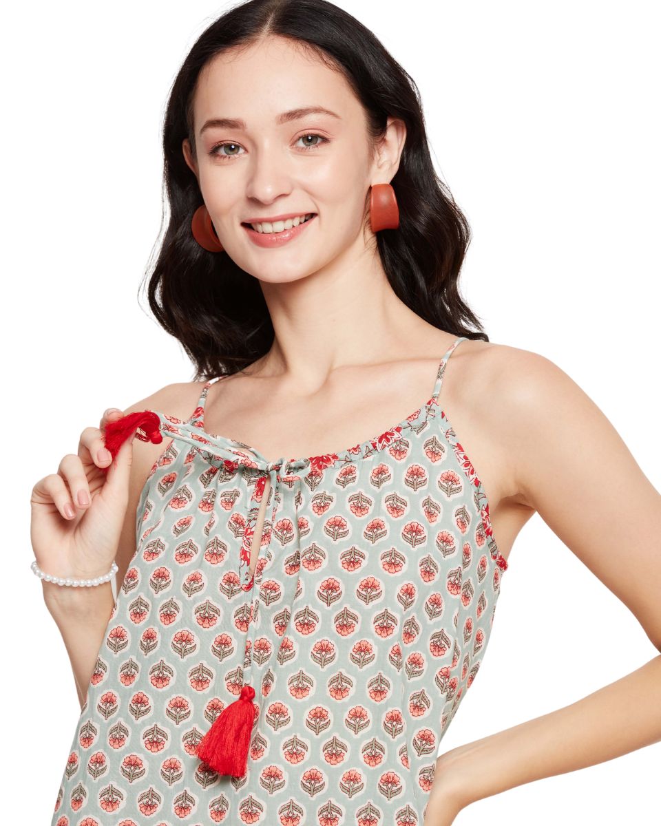 Pista Green Floral Printed Cotton Women Dress