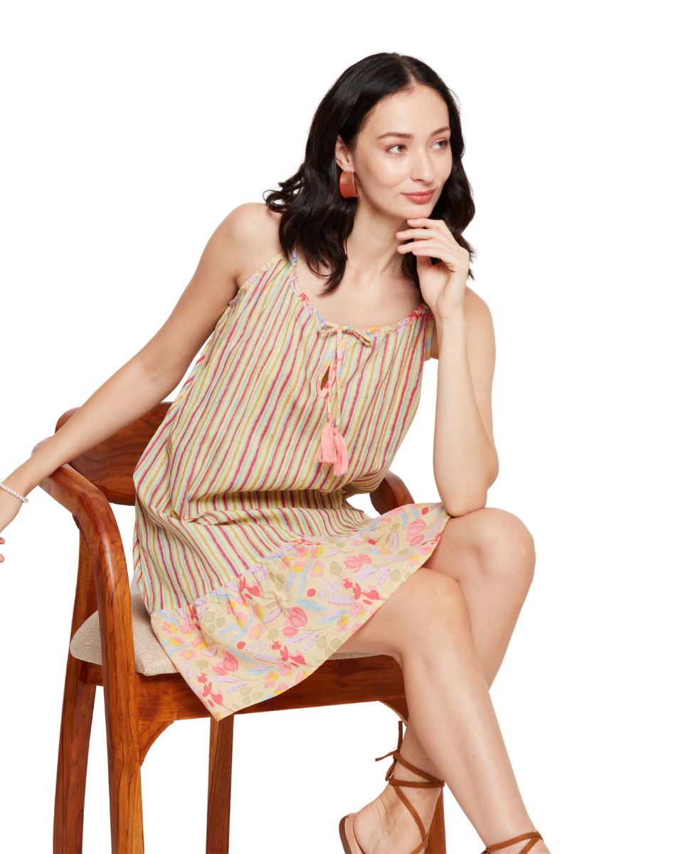Striped Print Apricot Cotton Women Elegant Mini Dress