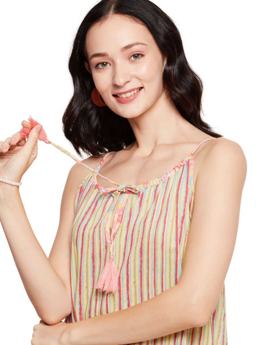 Striped Print Apricot Cotton Women Elegant Mini Dress