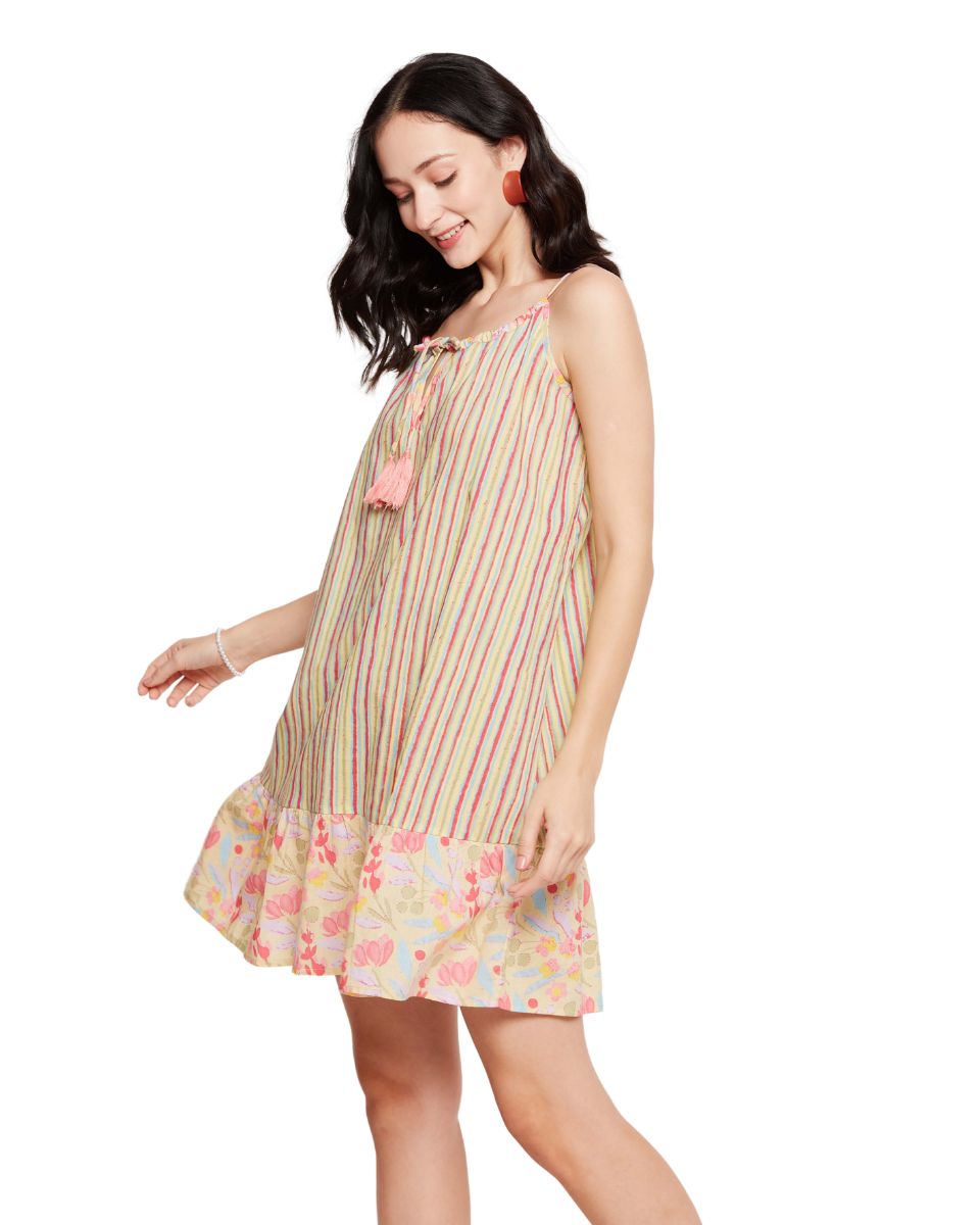 Striped Print Apricot Cotton Women Elegant Mini Dress