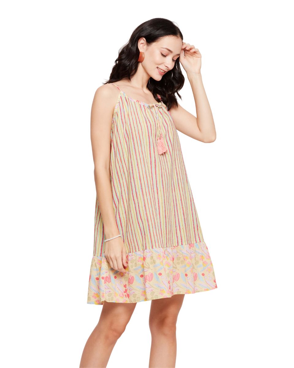 Striped Print Apricot Cotton Women Elegant Mini Dress