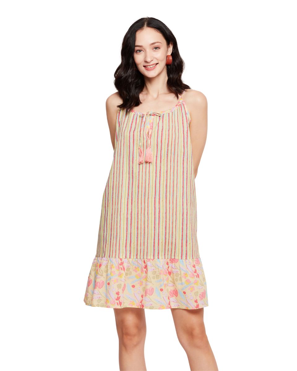 Striped Print Apricot Cotton Women Elegant Mini Dress