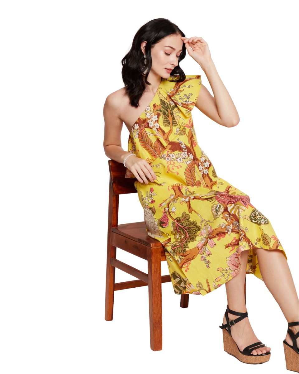 Cotton Floral Printed Yellow Midi Dress for Women