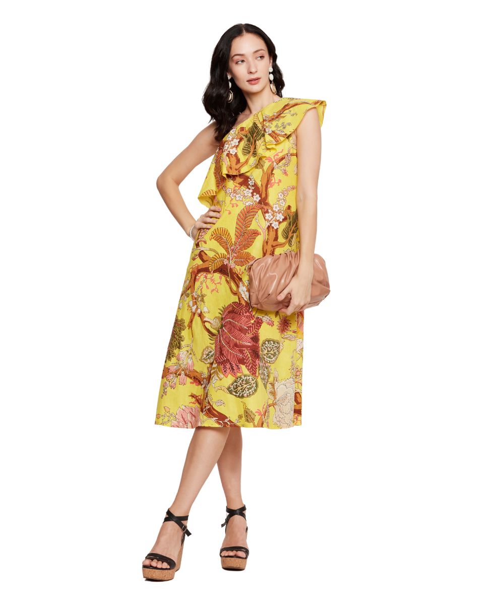 Cotton Floral Printed Yellow Midi Dress for Women