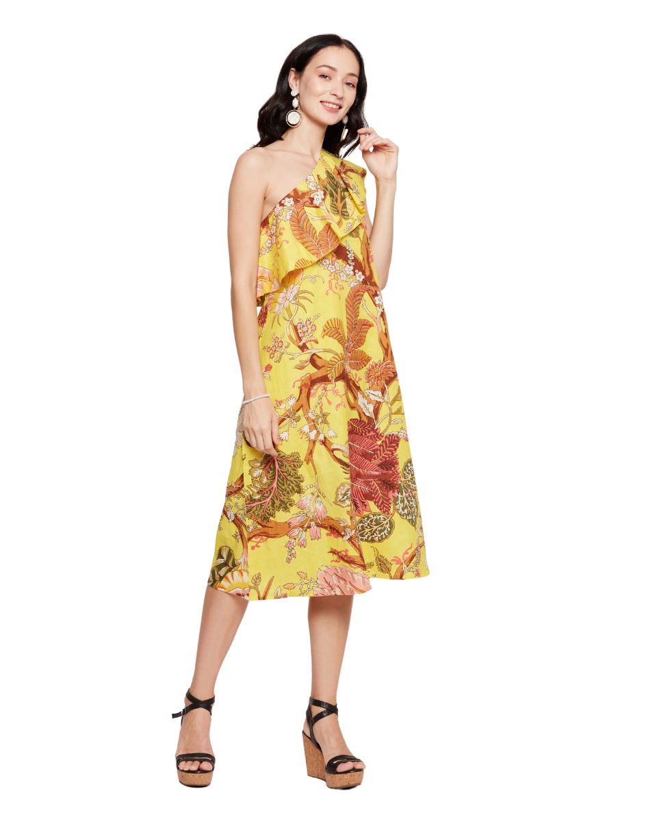 Cotton Floral Printed Yellow Midi Dress for Women