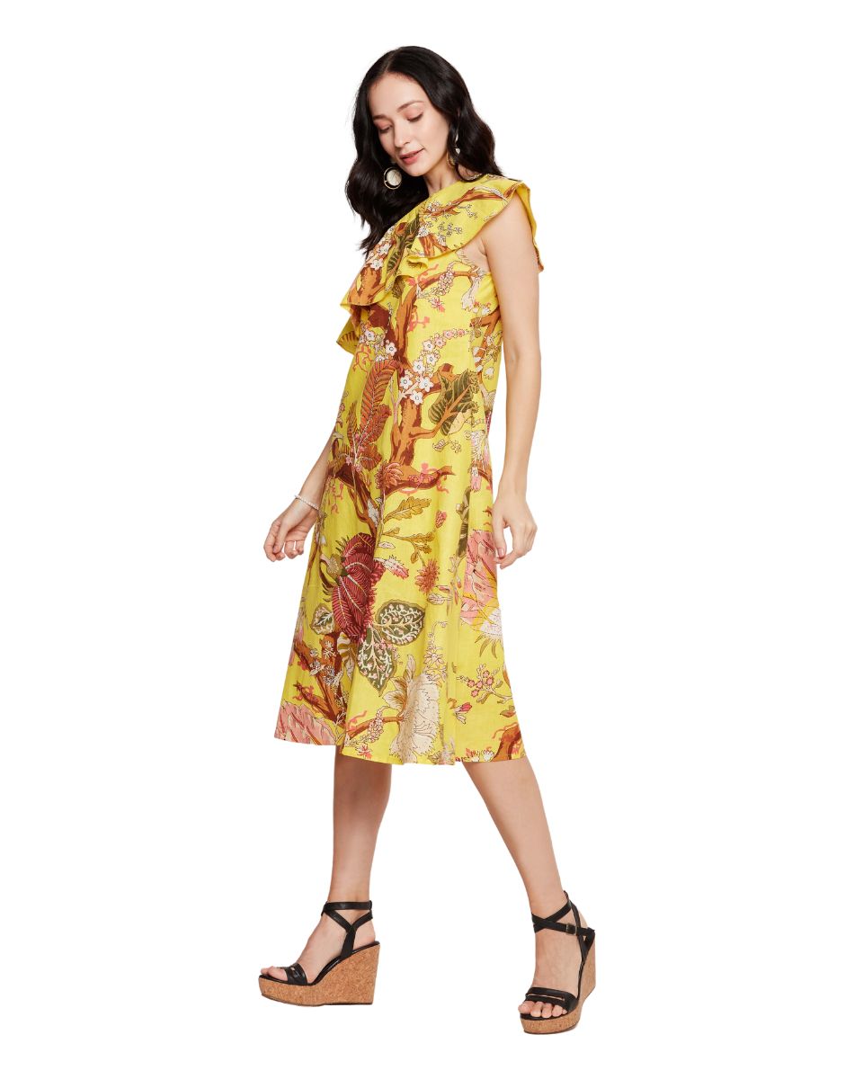 Cotton Floral Printed Yellow Midi Dress for Women