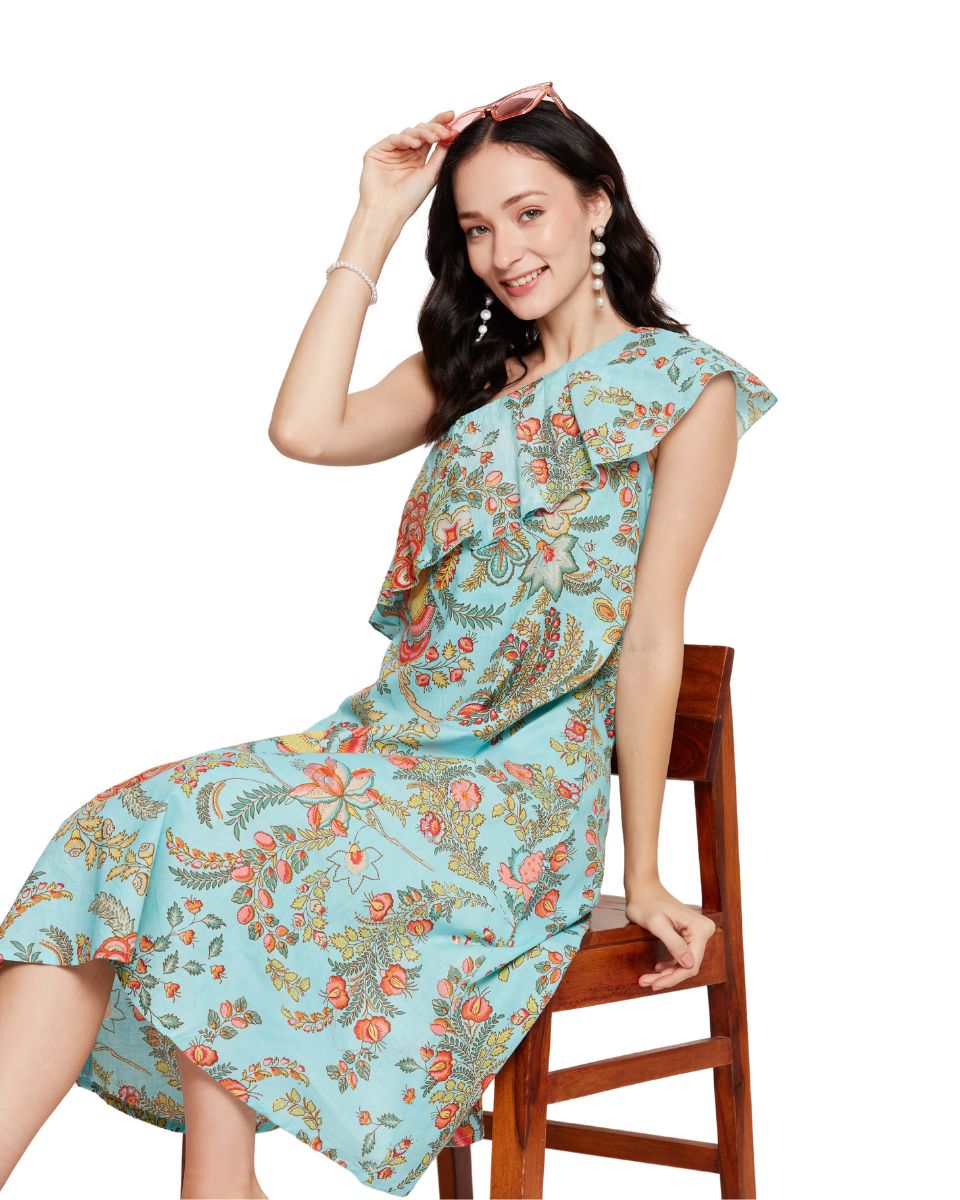 Turquoise Cotton Floral Printed Women One Shoulder Dress