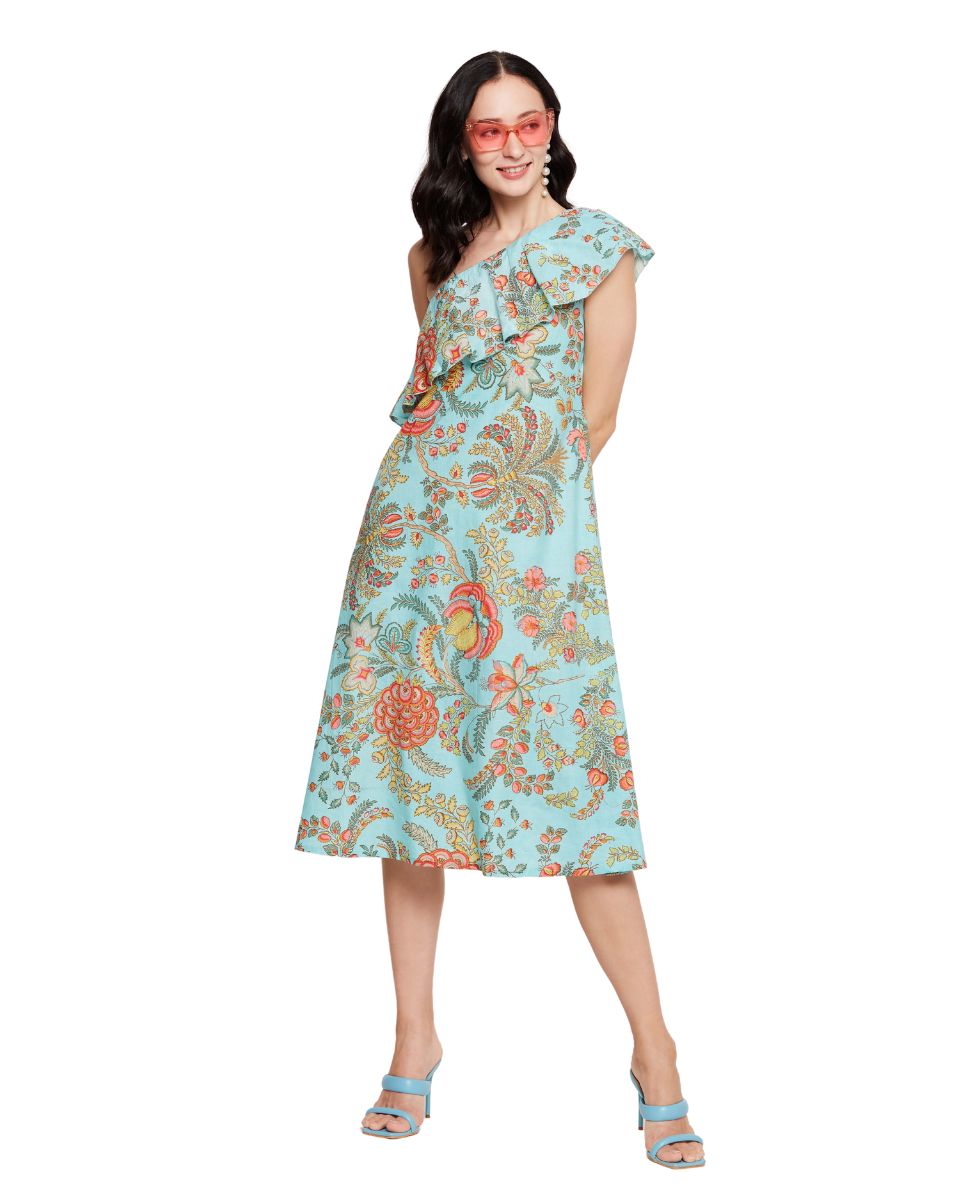 Turquoise Cotton Floral Printed Women One Shoulder Dress