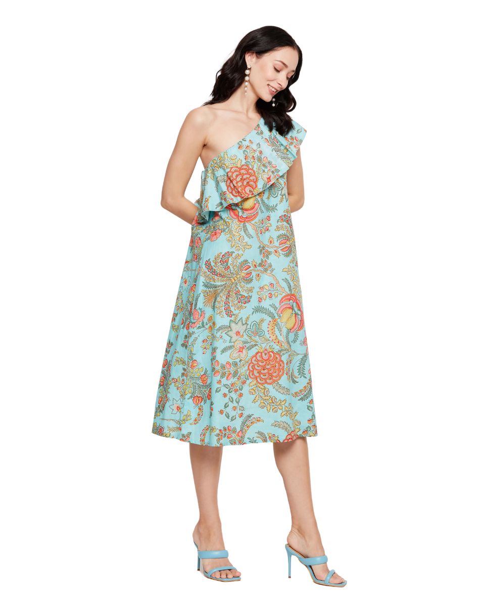 Turquoise Cotton Floral Printed Women One Shoulder Dress