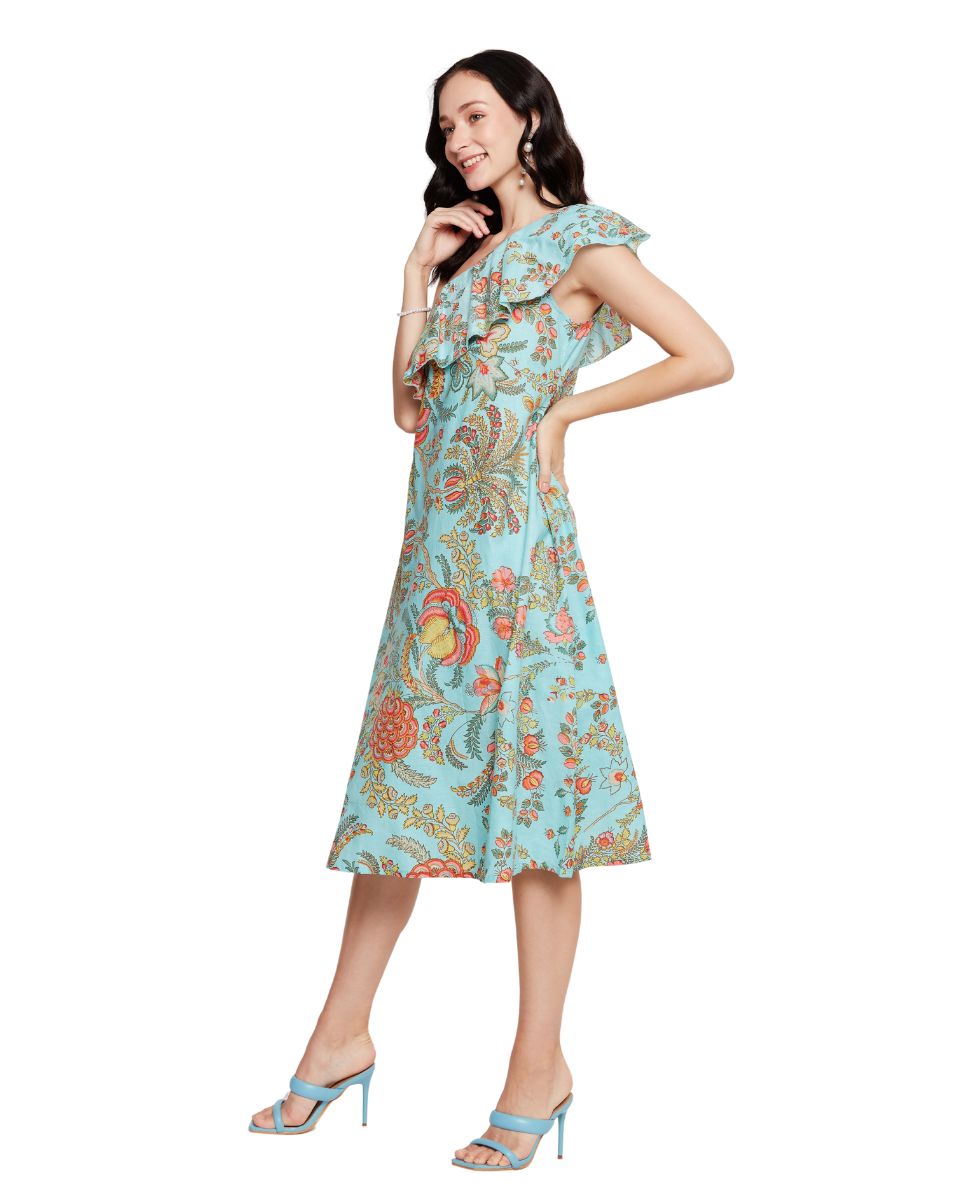 Turquoise Cotton Floral Printed Women One Shoulder Dress