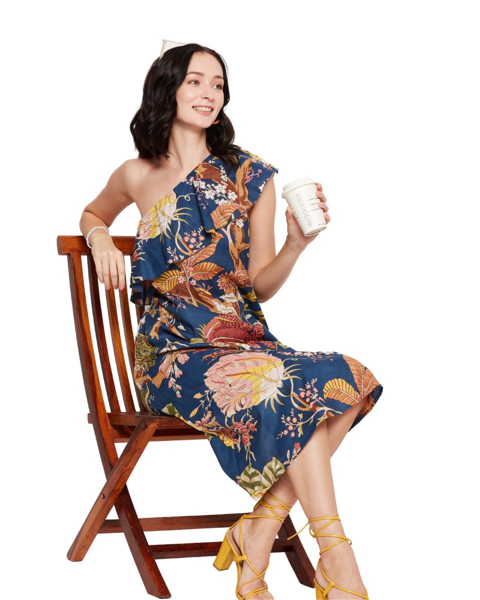 Navy Blue Floral Printed Cotton One Shoulder Dress for Women