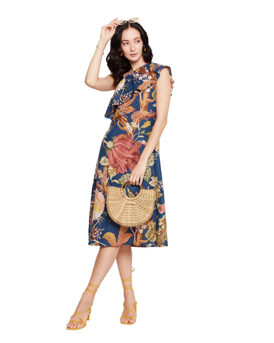 Navy Blue Floral Printed Cotton One Shoulder Dress for Women