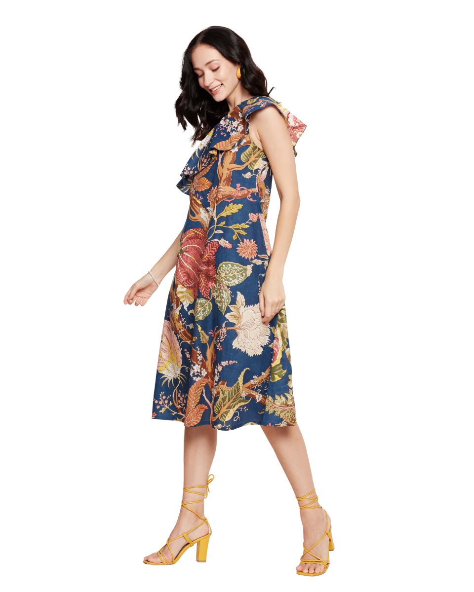 Navy Blue Floral Printed Cotton One Shoulder Dress for Women