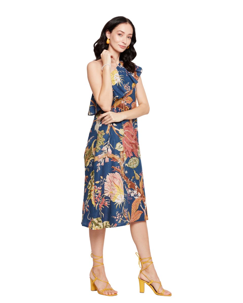 Navy Blue Floral Printed Cotton One Shoulder Dress for Women