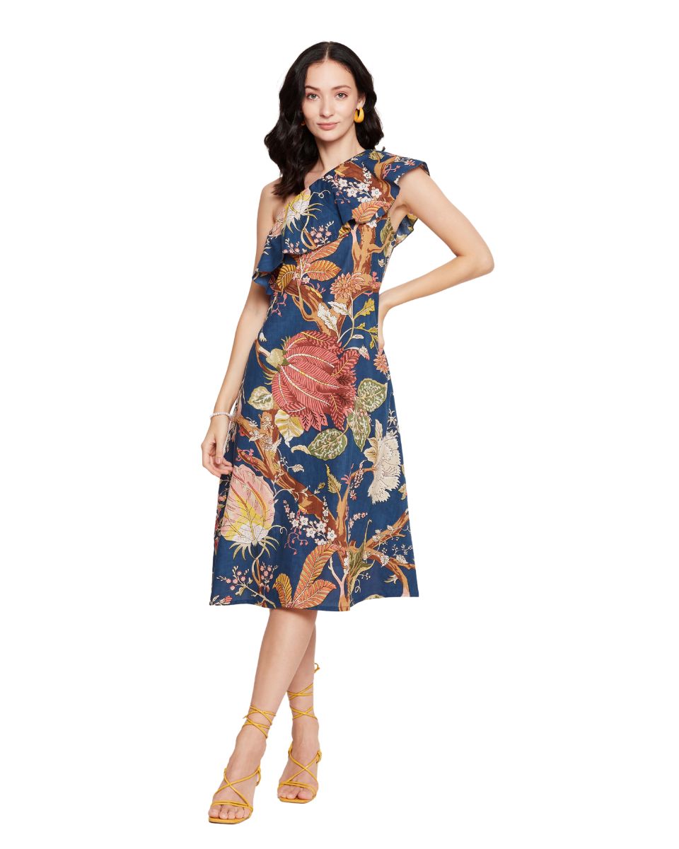 Navy Blue Floral Printed Cotton One Shoulder Dress for Women