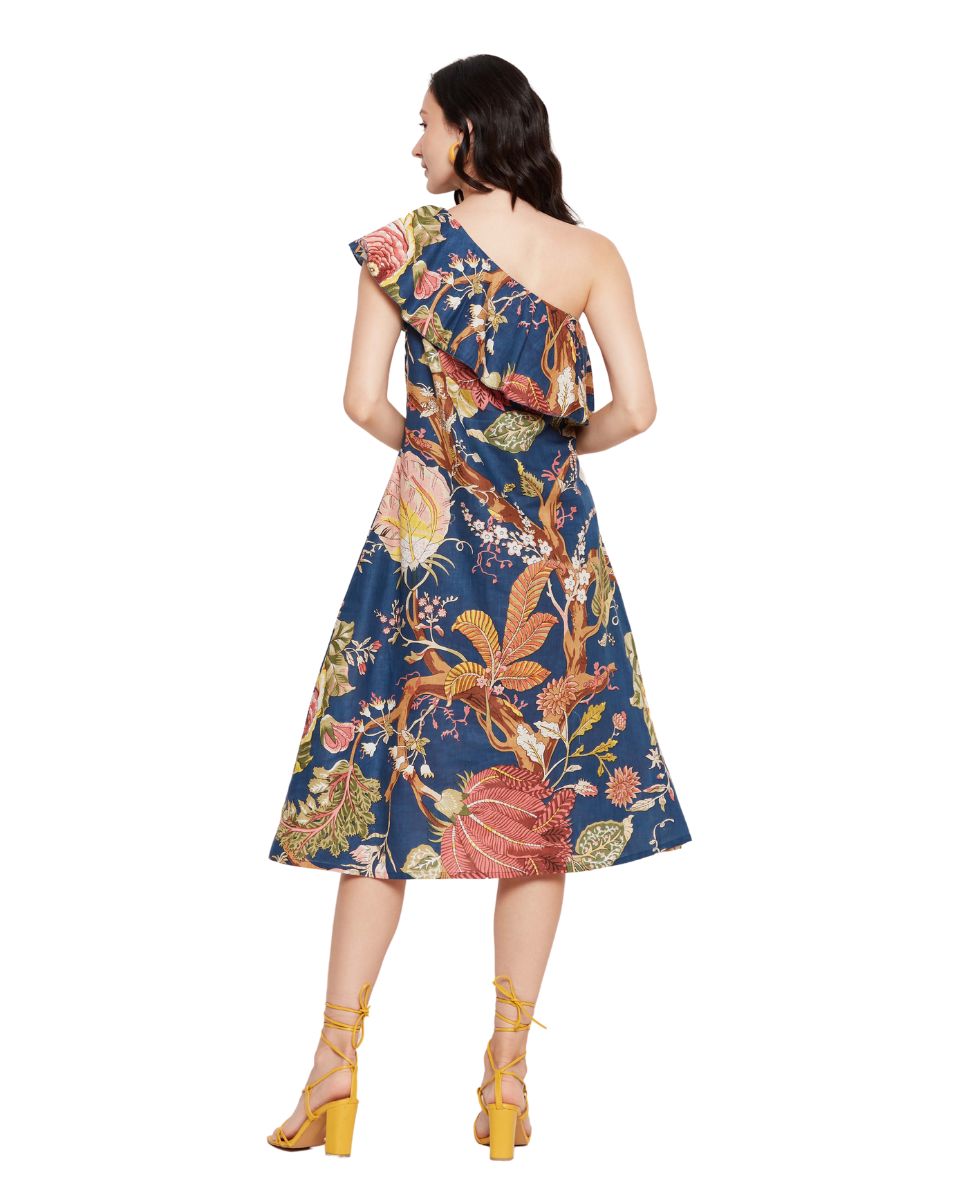 Navy Blue Floral Printed Cotton One Shoulder Dress for Women