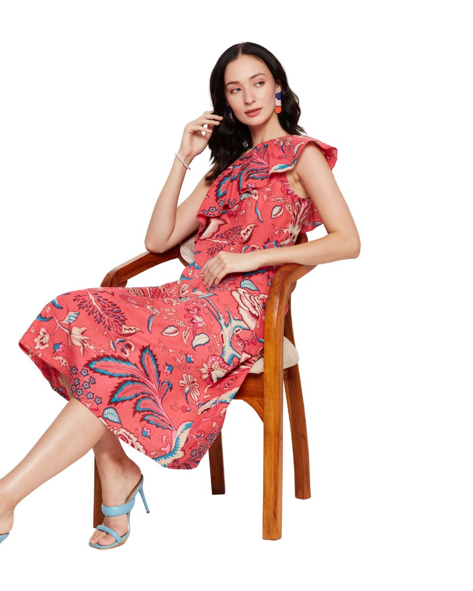 Red Floral Printed Pink Cotton Women One Shoulder Midi Dress