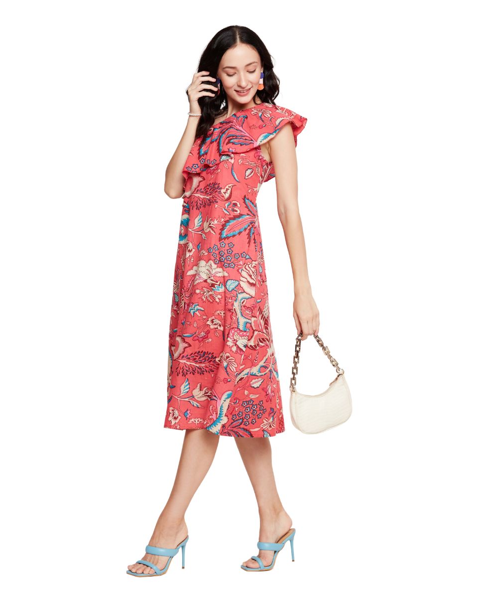 Red Floral Printed Pink Cotton Women One Shoulder Midi Dress