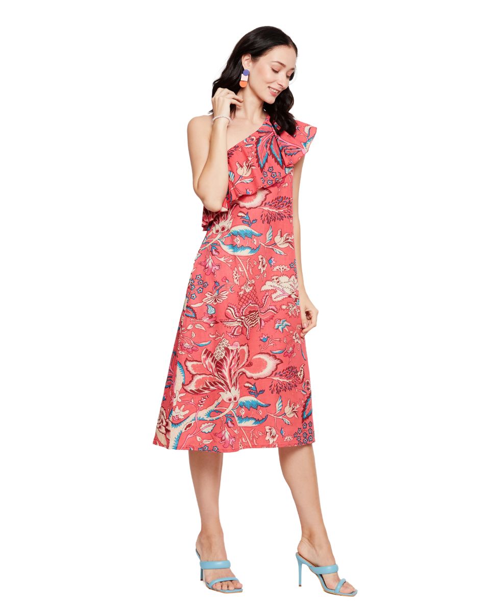 Red Floral Printed Pink Cotton Women One Shoulder Midi Dress