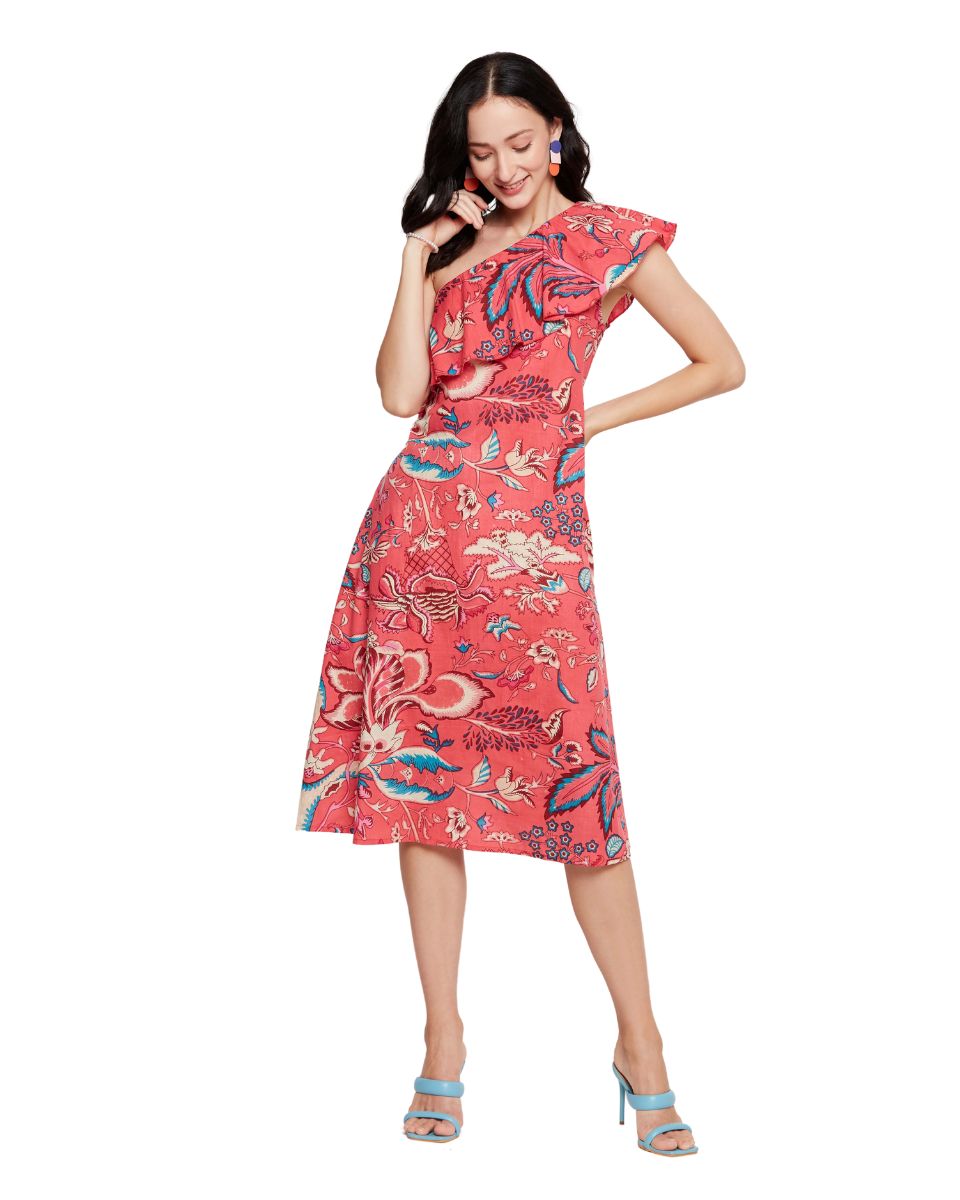 Red Floral Printed Pink Cotton Women One Shoulder Midi Dress