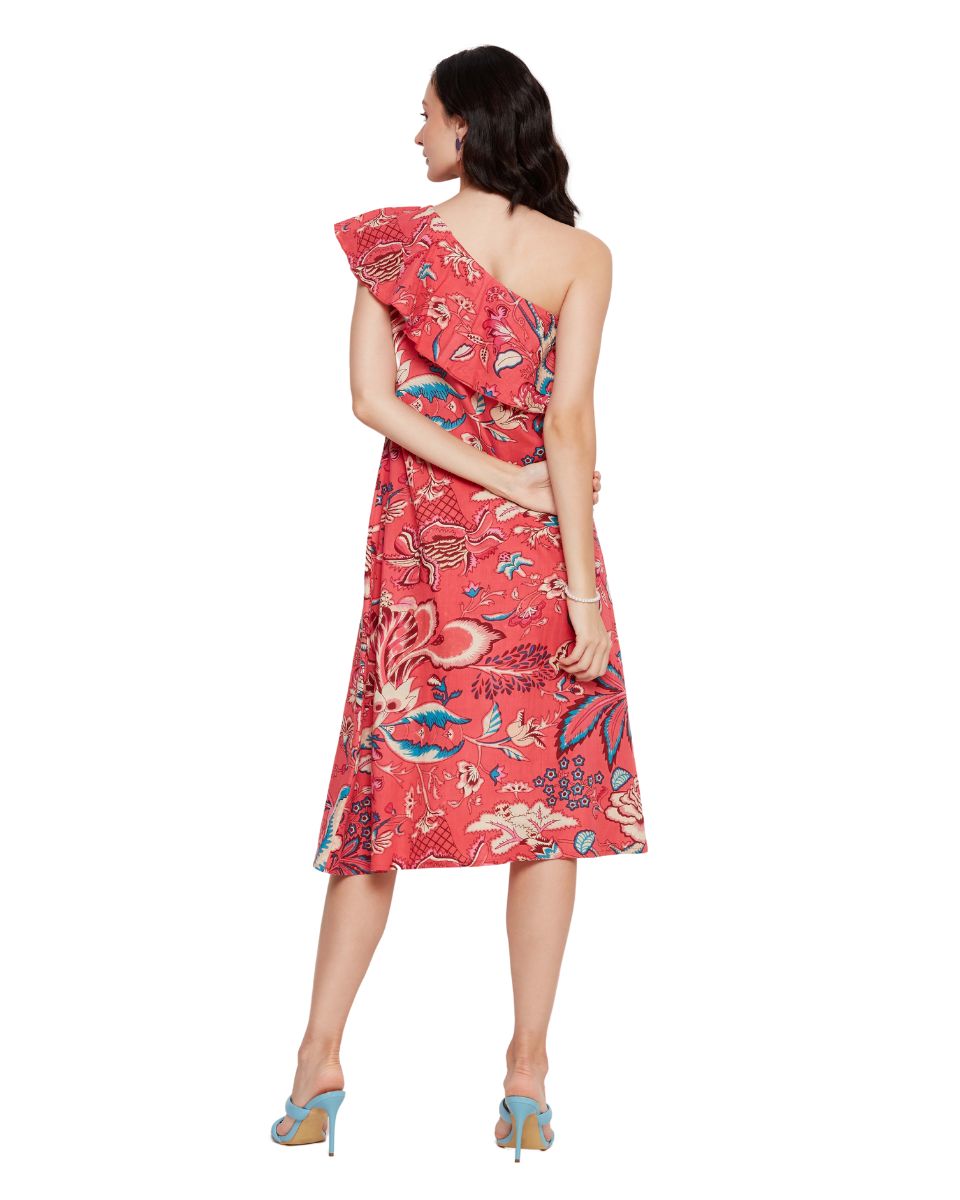 Red Floral Printed Pink Cotton Women One Shoulder Midi Dress