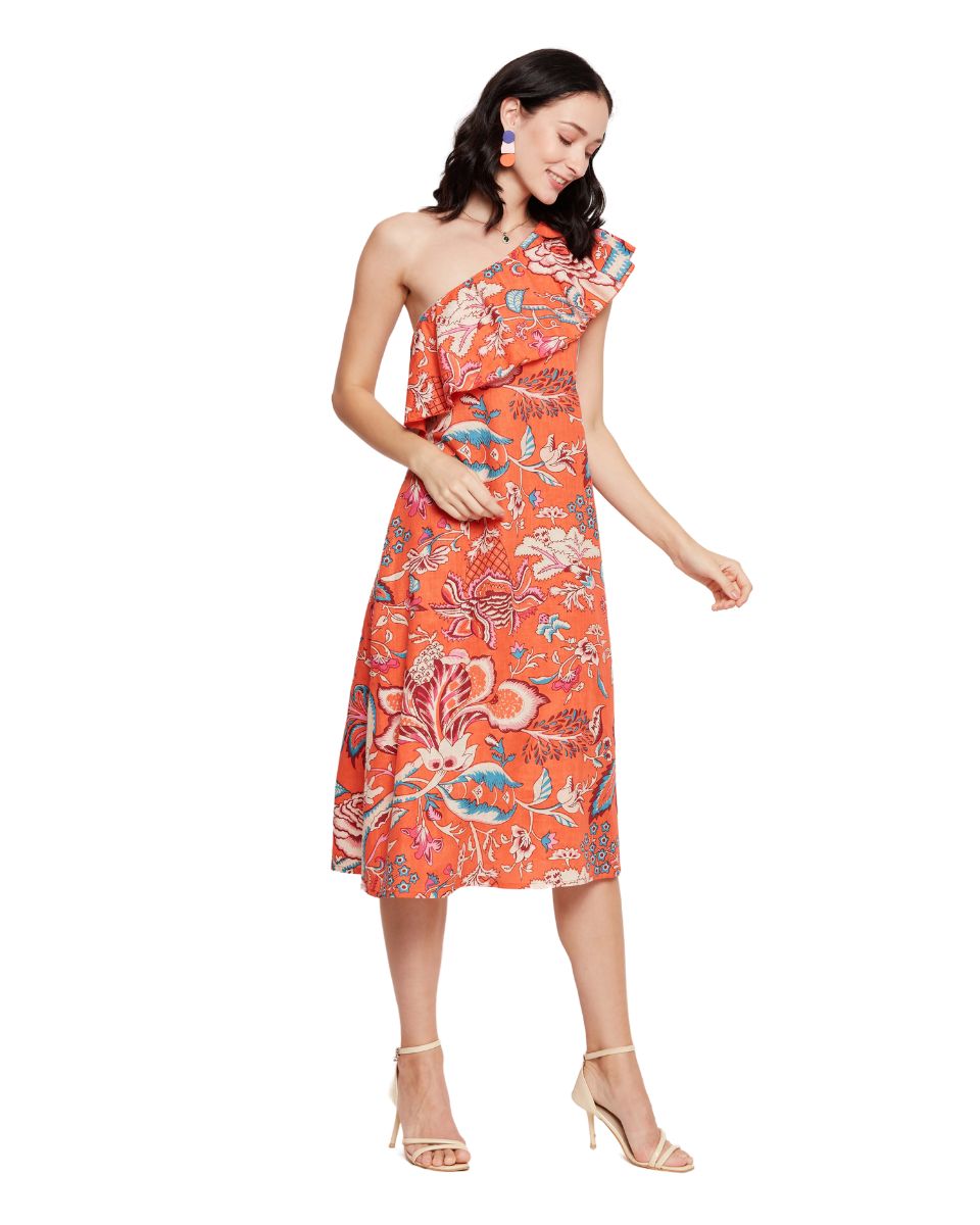 Orange Floral Printed Cotton Elegant One Shoulder Midi Dress For Women