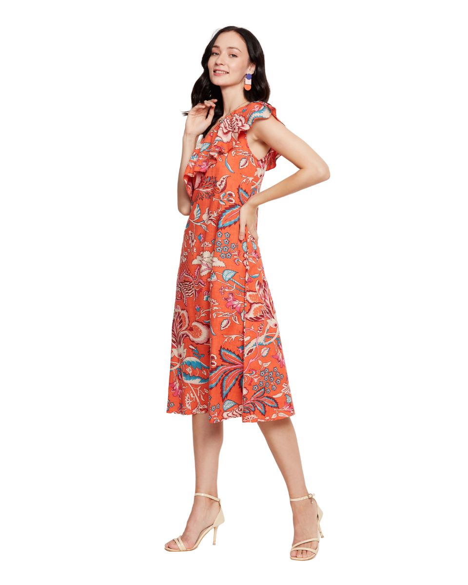 Orange Floral Printed Cotton Elegant One Shoulder Midi Dress For Women