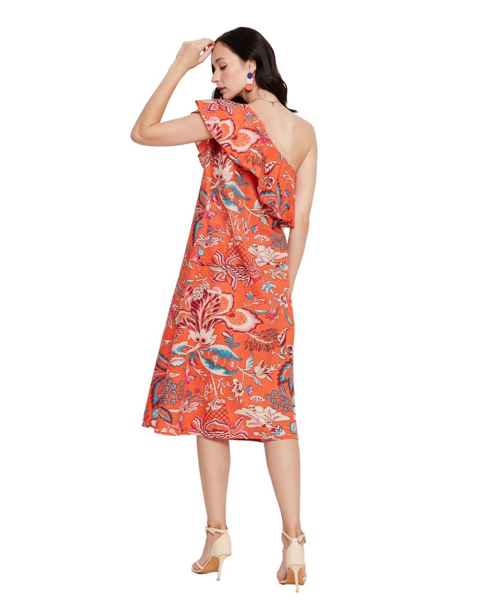 Orange Floral Printed Cotton Elegant One Shoulder Midi Dress For Women