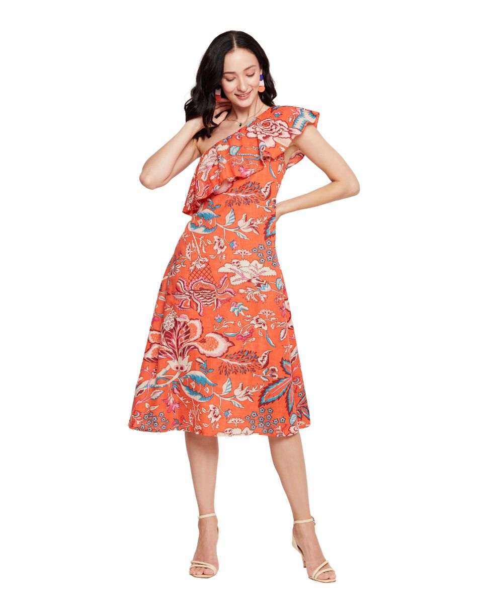 Orange Floral Printed Cotton Elegant One Shoulder Midi Dress For Women