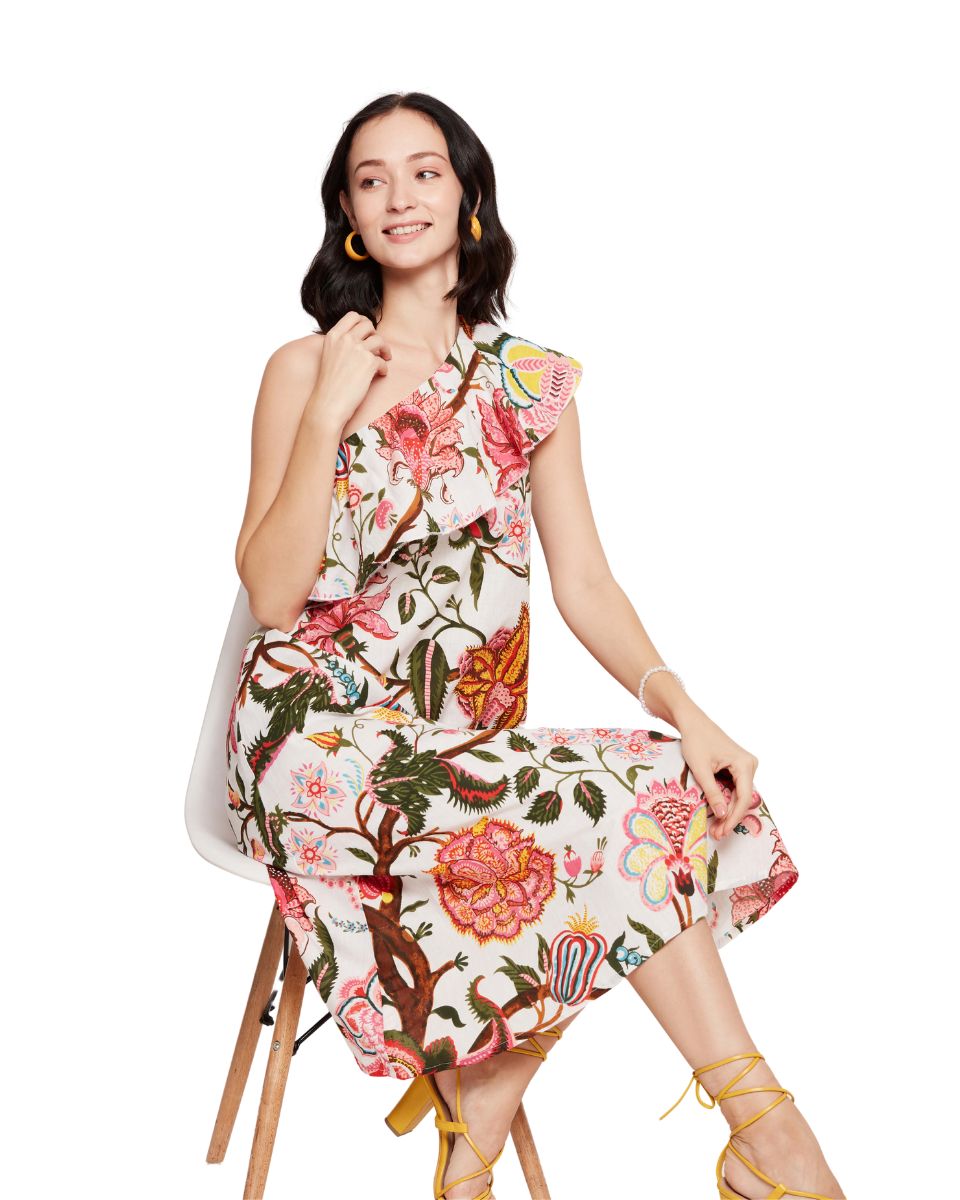 Floral Printed Multicolor Cotton One Shoulder Dress For Women
