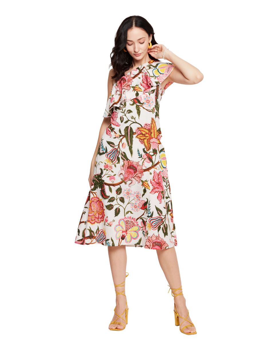 Floral Printed Multicolor Cotton One Shoulder Dress For Women