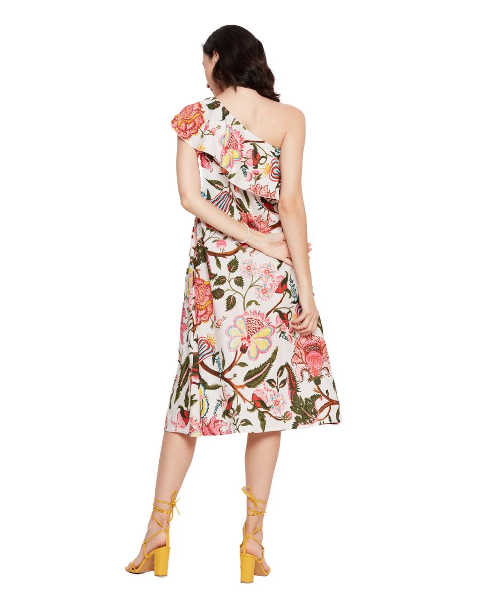 Floral Printed Multicolor Cotton One Shoulder Dress For Women