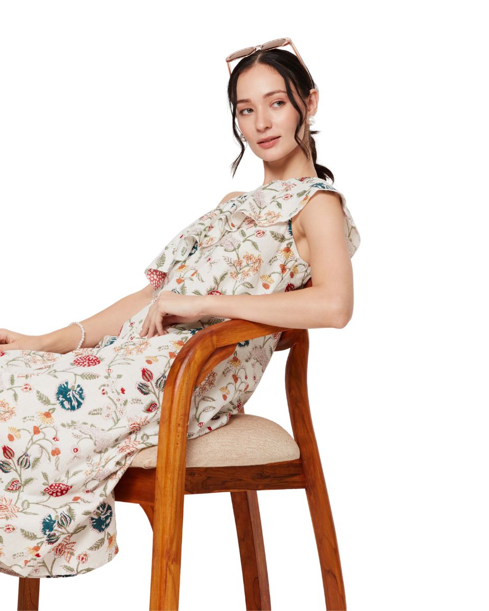 Floral Print One Shoulder Women Casual Dress