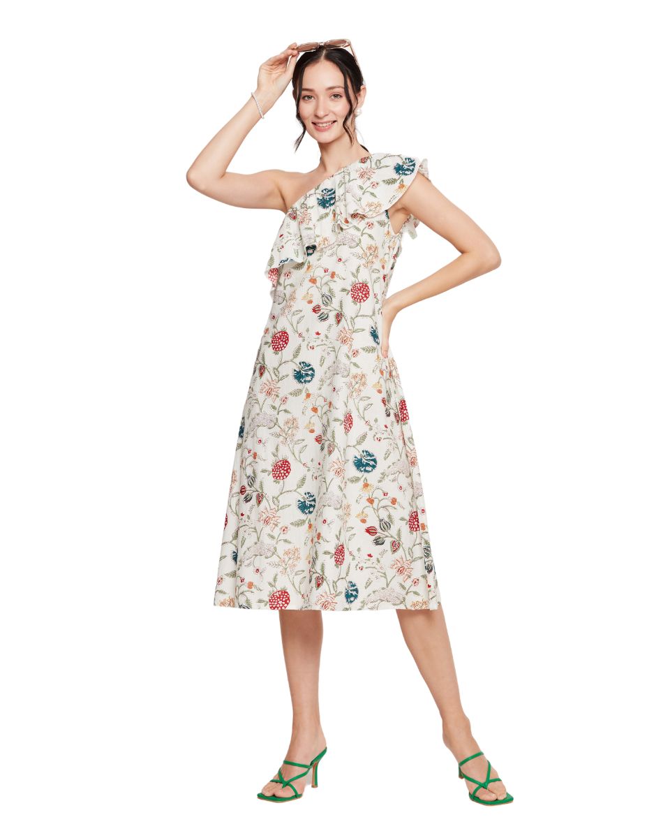 Floral Print One Shoulder Women Casual Dress