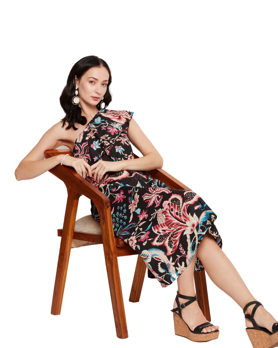 Black Cotton Floral Printed Dress For Women