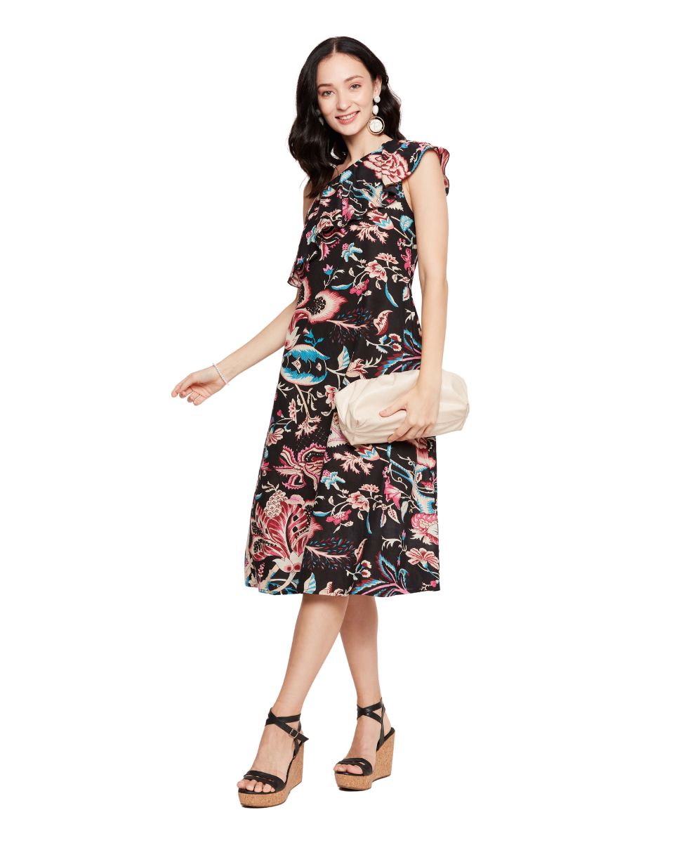 Black Cotton Floral Printed Dress For Women