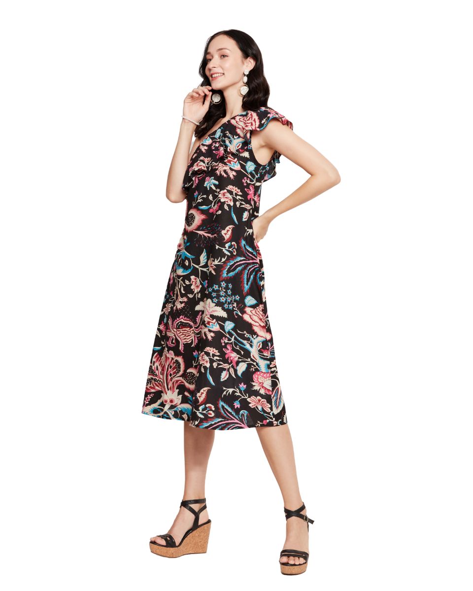 Black Cotton Floral Printed Dress For Women